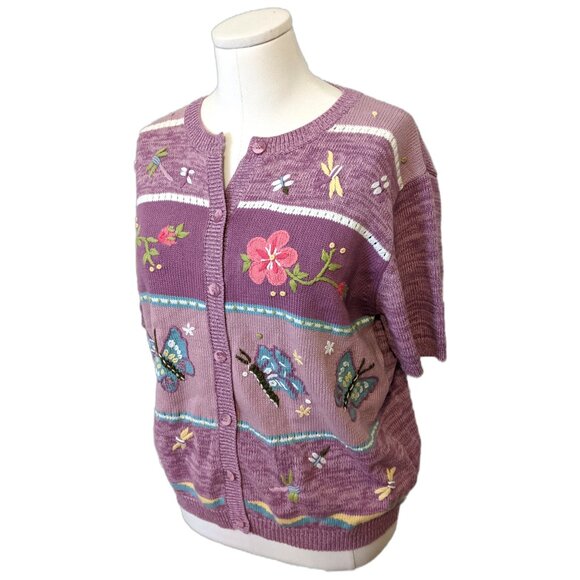 Vintage 90s Tabi Purple Cardigan Embroidered Butterfly Flower Grandmacore Knit M - Picture 2 of 10